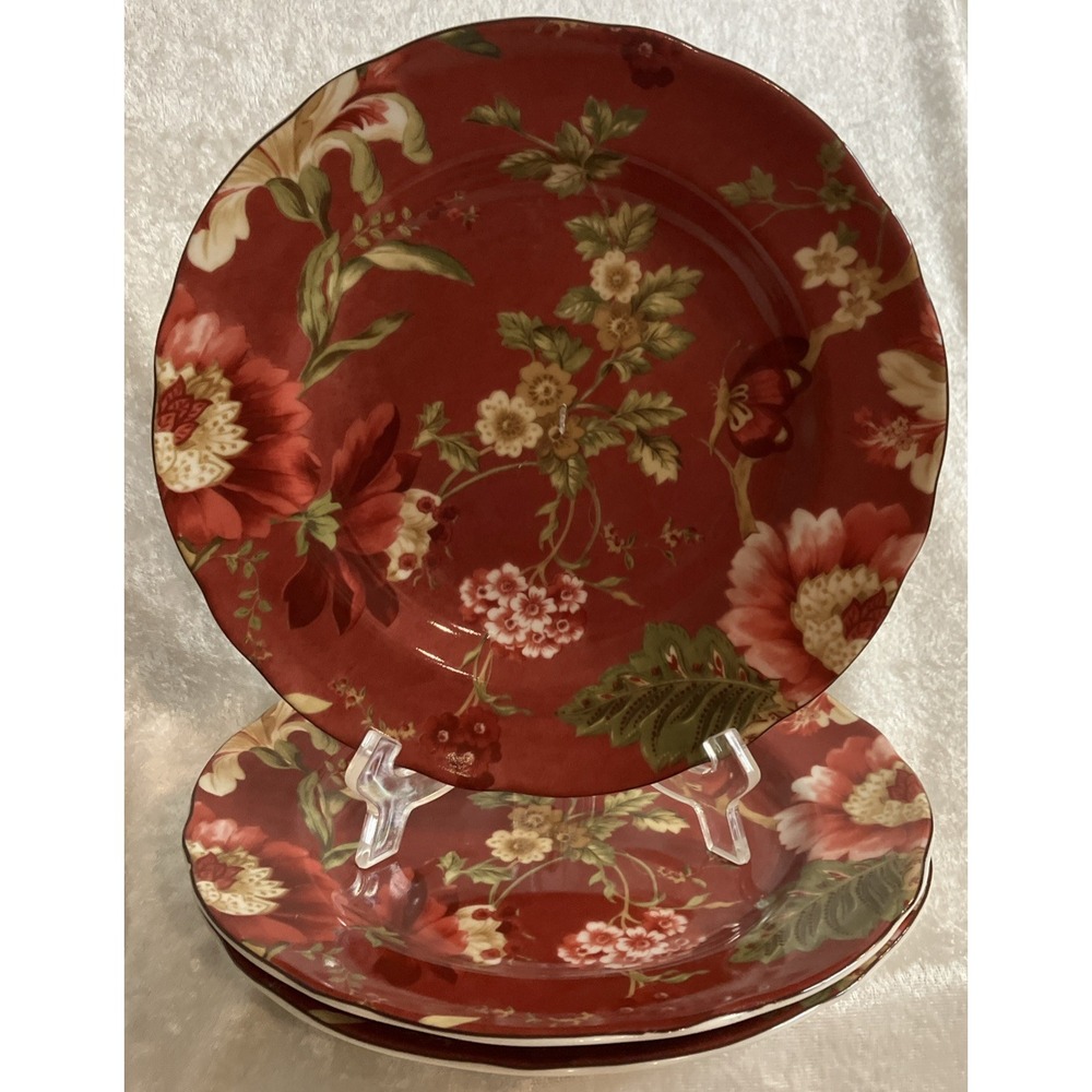 (3) Salad Dessert Plates 222 Fifth Summer Botanical Lutece Fleur Rouge 8.75" W